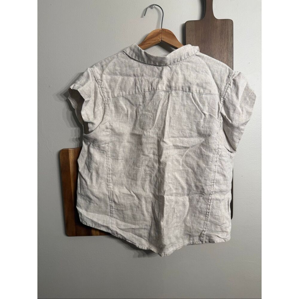 Chicos Beige Linen Collared Button Boxy Fit Short Cap Sleeve Popover Top Size 10 - Picture 2 of 5